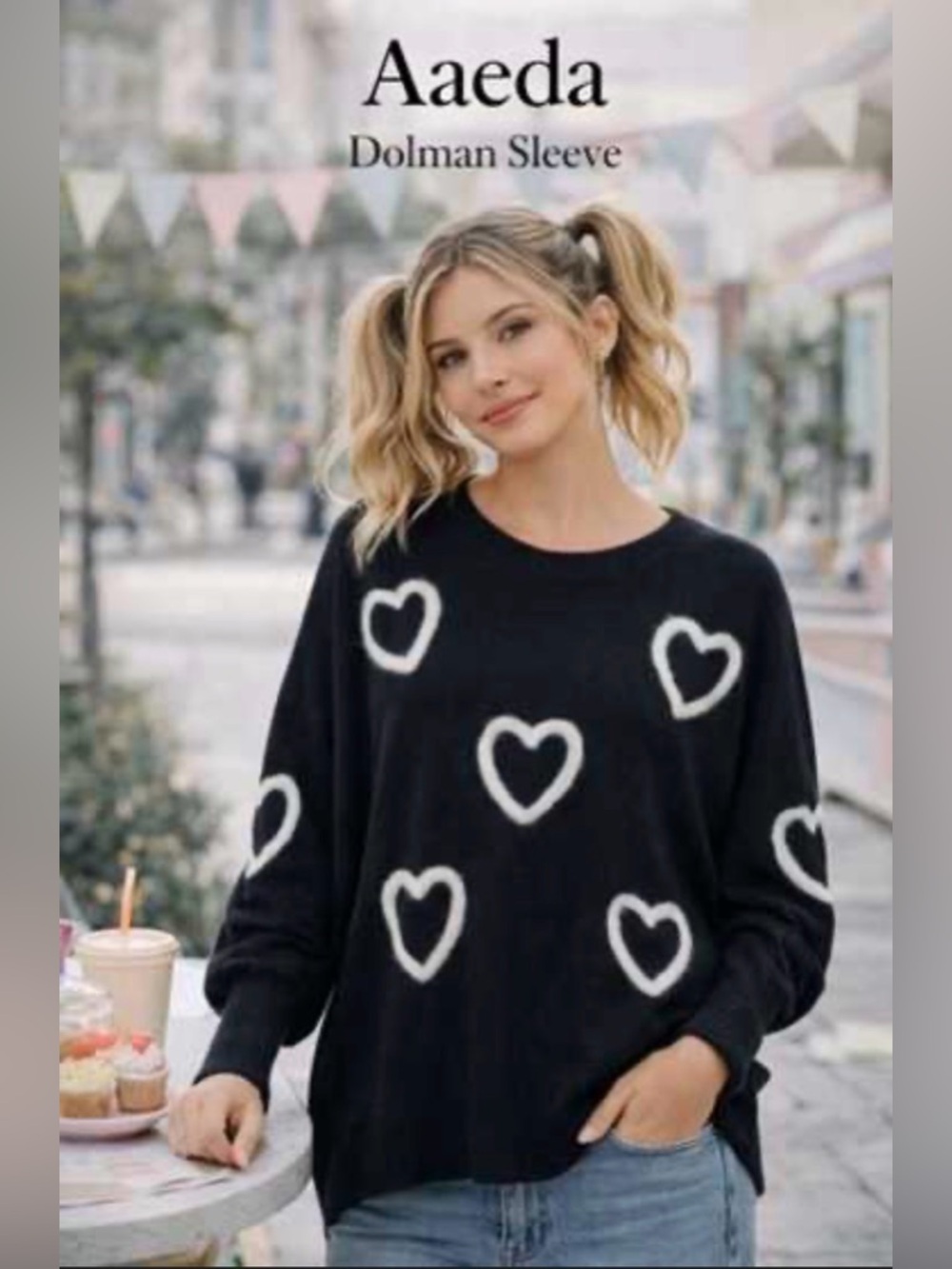 Aaeda Black Oversized Heart Print Sweatshirt Dolman Sleeve 1X NWT